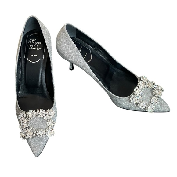 Roger Vivier Glittering Silver Heels with Crystal Embellishments size 34 - Picture 1 of 16